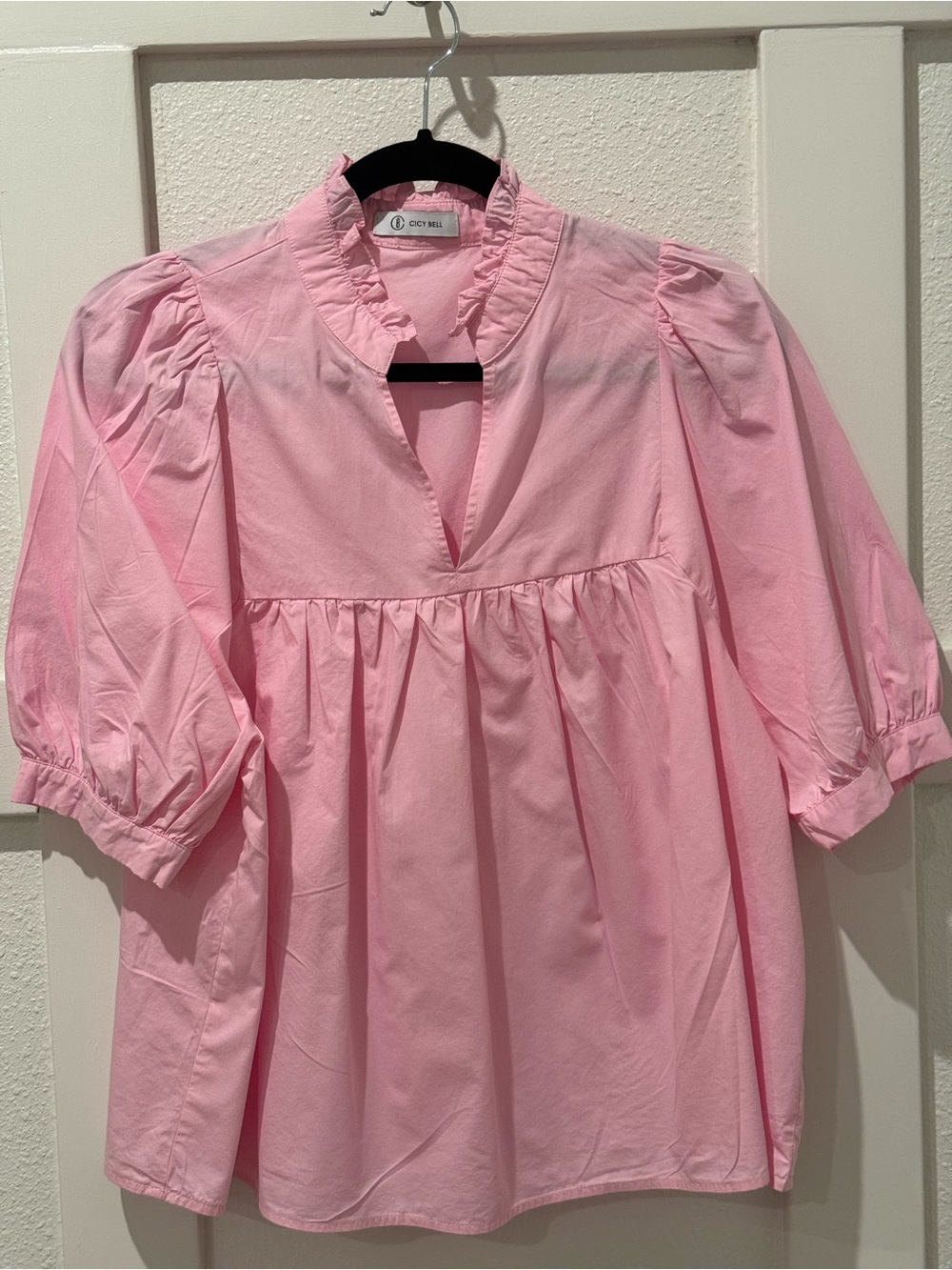 Light Pink Ruffled V-Neck Puff Sleeve Tunic Blouse